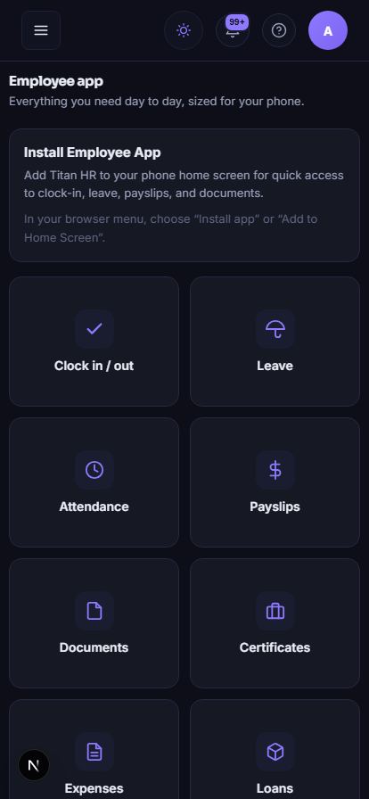Employee app home screen on a phone